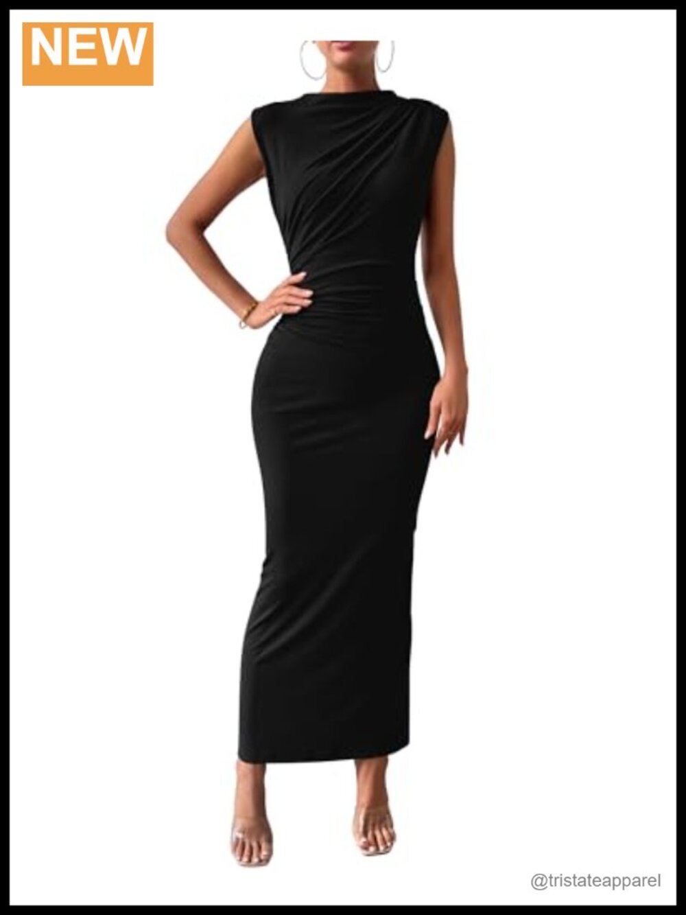 Women Ruched Bodycon Maxi Dress Sleeveless High Neck Back Slit Summer Party